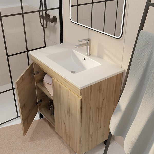 AURLANE - Meuble Salle de Bains 70 cm Décor Chêne Naturel à Portes - Vasque céramique blanche et miroir 70x50 - large