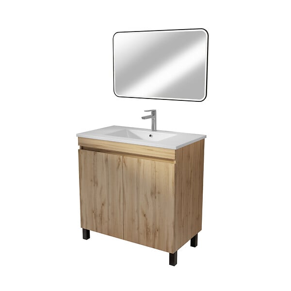 AURLANE - Meuble Salle de Bains 70 cm Décor Chêne Naturel à Portes - Vasque céramique blanche et miroir 70x50 - large