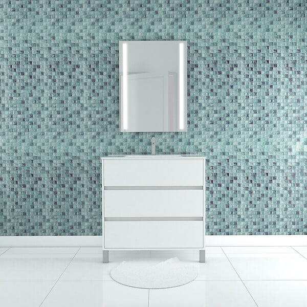 AURLANE - Pack Meuble Salle de Bains 80cm Blanc 3 Tiroirs, Vasque, Miroir 60x80 à Leds intégrées - XENOS - large