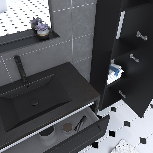 AURLANE - Pack meuble de salle de bain 80x50 cm Noir - 2 tiroirs - vasque noire - miroir - colonne suspendu - large