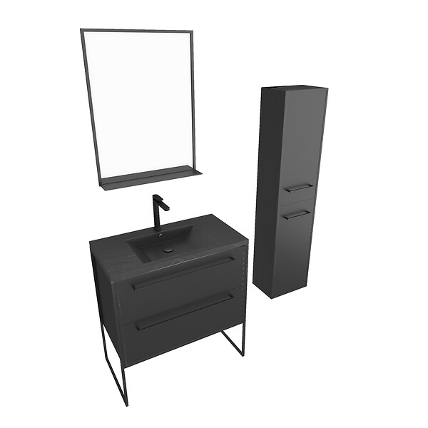 AURLANE - Pack meuble de salle de bain 80x50 cm Noir - 2 tiroirs - vasque noire - miroir - colonne suspendu - large