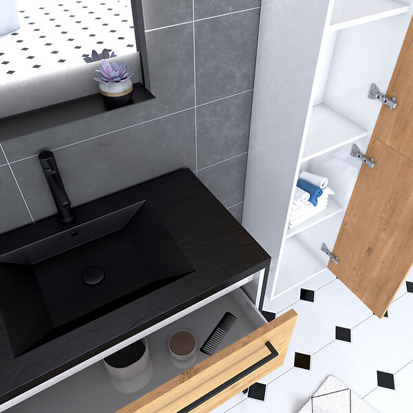 AURLANE - Meuble Salle de Bains 80 cm, Vasque Noire, Miroir Led et Colonne - Blanc et Chêne - STRUCTURA - large