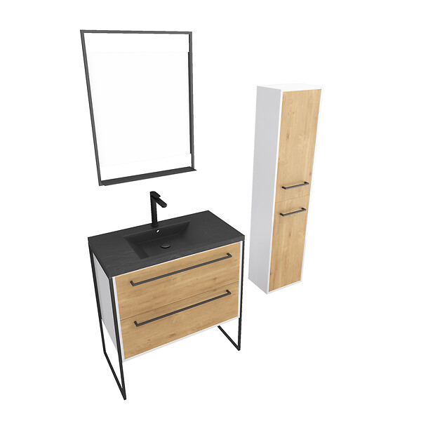 AURLANE - Meuble Salle de Bains 80 cm, Vasque Noire, Miroir Led et Colonne - Blanc et Chêne - STRUCTURA - large
