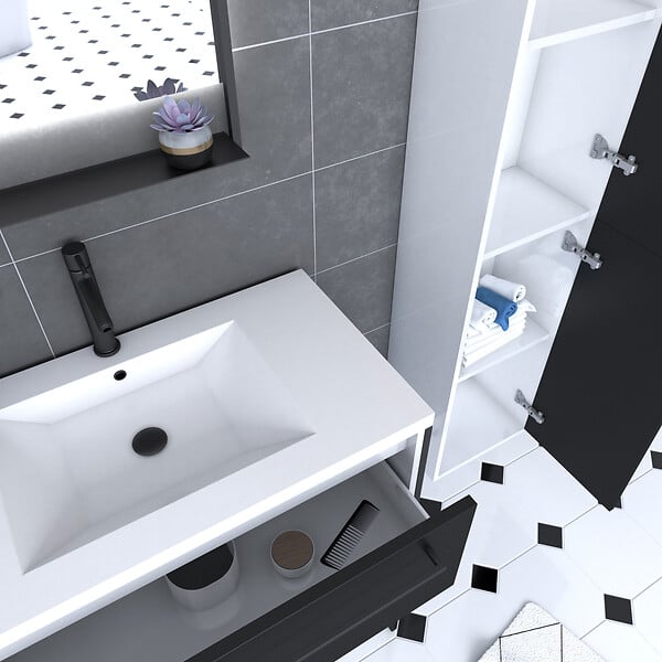 AURLANE - Meuble Salle de Bains 80 cm, Vasque Blanche, Miroir Led et Colonne - Blanc et Noir - STRUCTURA - large
