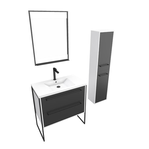 AURLANE - Meuble Salle de Bains 80 cm, Vasque Blanche, Miroir Led et Colonne - Blanc et Noir - STRUCTURA - large