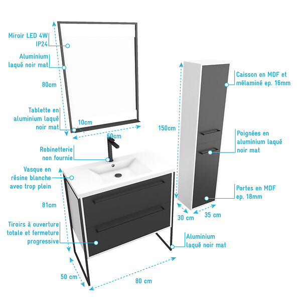 AURLANE - Meuble Salle de Bains 80 cm, Vasque Blanche, Miroir Led et Colonne - Blanc et Noir - STRUCTURA - large