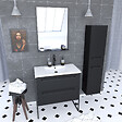 AURLANE - Pack meuble de salle de bain 80x50 cm Noir - 2 tiroirs - vasque blanche - miroir - colonne suspendu - vignette