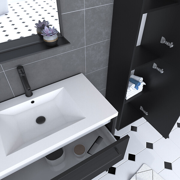 AURLANE - Pack meuble de salle de bain 80x50 cm Noir - 2 tiroirs - vasque blanche - miroir - colonne suspendu - large