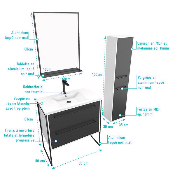 AURLANE - Pack meuble de salle de bain 80x50 cm NOIR - vasque résine blanche + miroir noir mat + colonne - large