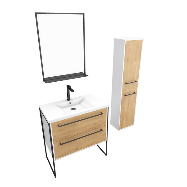 AURLANE - Pack meuble de salle de bain 80x50 cm - 2 tiroirs - vasque blanche + miroir noir mat + colonne - large