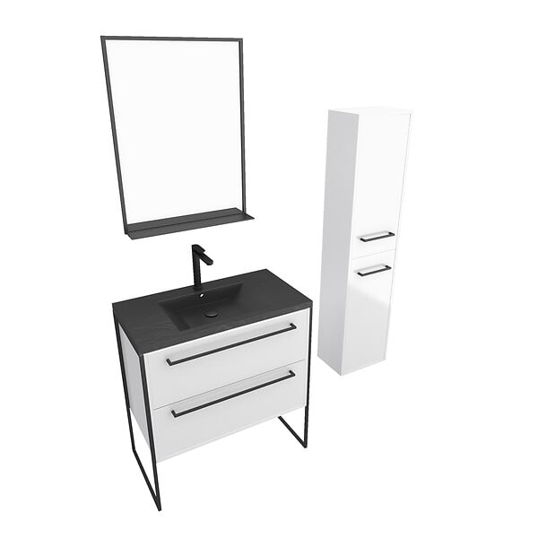 AURLANE - Meuble de salle de bain 80x50 cm - 2 tiroirs blanc - vasque resine noir effet pierre + colonne - large