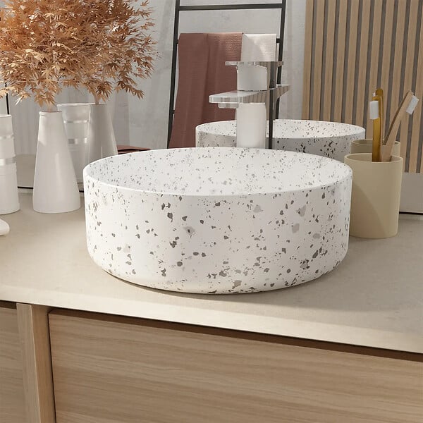 AURLANE - VASQUE TERRAZZO GRIS - Diam 35cm x 12cm - RONDE EN CERAMIQUE BLANC MAT - large
