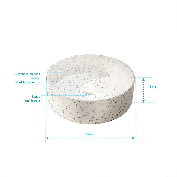 AURLANE - VASQUE TERRAZZO GRIS - Diam 35cm x 12cm - RONDE EN CERAMIQUE BLANC MAT - large