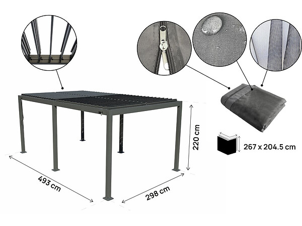 HABITAT ET JARDIN - Pergola bioclimatique en aluminium avec rideau et moustiquaire "Kensington" - 3 x 5 m - Gris - large