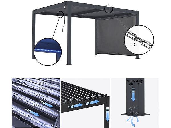 HABITAT ET JARDIN - Pergola bioclimatique avec led et store en aluminium "Windsor premium" - 3 x 4 m - Gris - large
