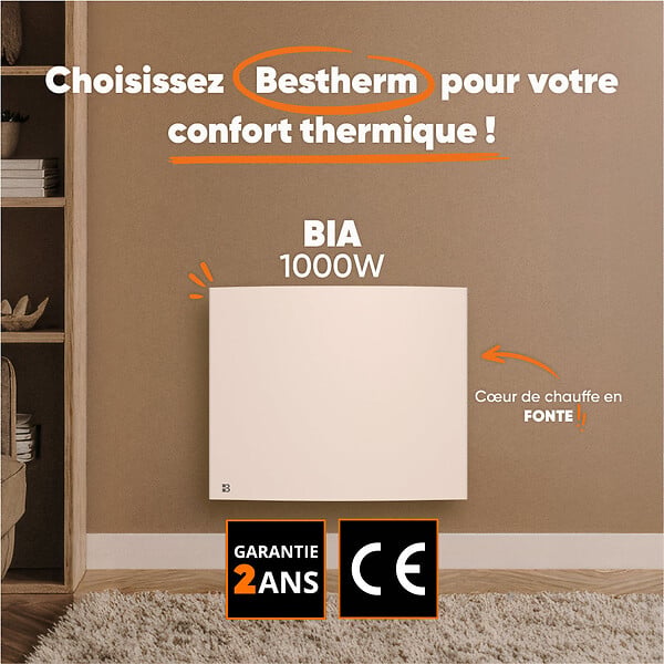 BESTHERM - Radiateur électrique fixe à inertie sèche fonte - BESTHERM - BIA 1000W - horizontal blanc - large