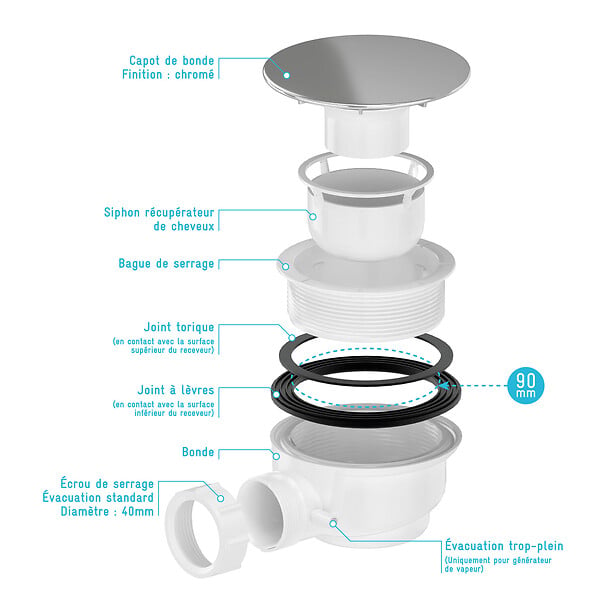 AURLANE - Bonde de Receveur Diamètre 90 mm - Capot Chrome - Evacuation Horizontale - large