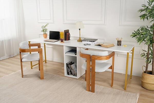 HABITAT ET JARDIN - Bureau en bois "Twin Study Desk" - 240 x 60 x 74 cm - Or blanc - large