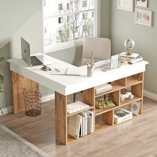 HABITAT ET JARDIN - Bureau en bois "CT5" - 129 x 120 x 72 cm - Pin atlantique Blanc - large
