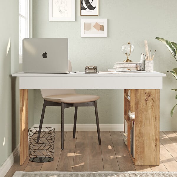 HABITAT ET JARDIN - Bureau en bois "CT5" - 129 x 120 x 72 cm - Pin atlantique Blanc - large
