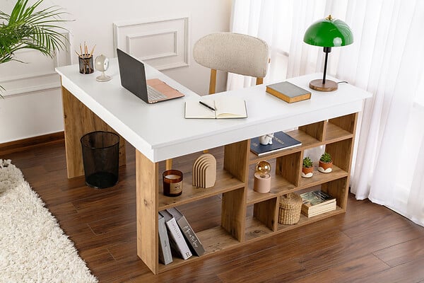 HABITAT ET JARDIN - Bureau d'étude en bois "Vesper" - 130 x 120 x 72 cm - Pin blanc de l'Atlantique - large
