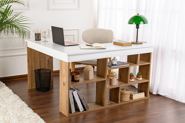 HABITAT ET JARDIN - Bureau d'étude en bois "Vesper" - 130 x 120 x 72 cm - Pin blanc de l'Atlantique - large