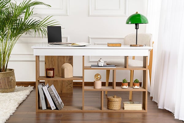 HABITAT ET JARDIN - Bureau d'étude en bois "Vesper" - 130 x 120 x 72 cm - Pin blanc de l'Atlantique - large