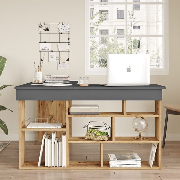 HABITAT ET JARDIN - Bureau en bois "CT5" - 129 x 120 x 72 cm - Pin atlantique Anthracite - large