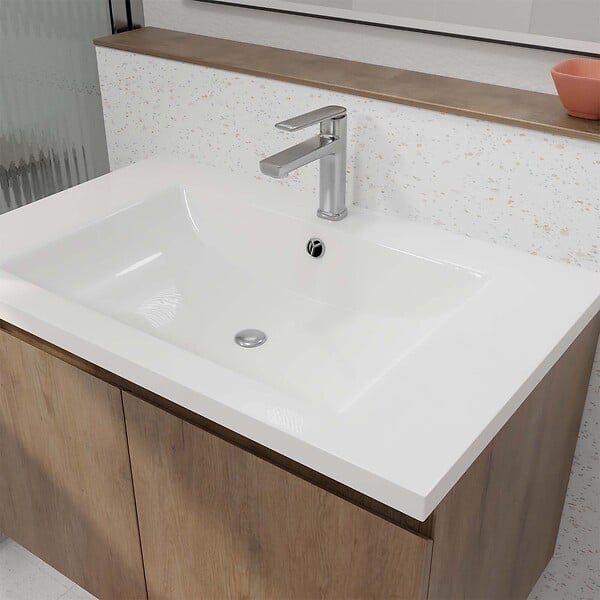AURLANE - Meuble de salle de bains 75cm à Suspendre Décor Bois Clair - 2 Portes - Vasque Blanche - ELEMENTARY - large