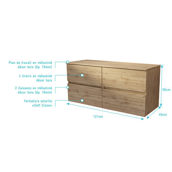 AURLANE - Meuble de Salle de Bains 120 cm à Tiroirs avec Plan Finition Chêne Naturel - TIMBER - large