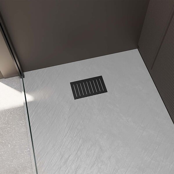 AURLANE - Receveur de douche Gris Effet Pierre 90x140 cm et Grille décor Linéaire Noire Mate - large