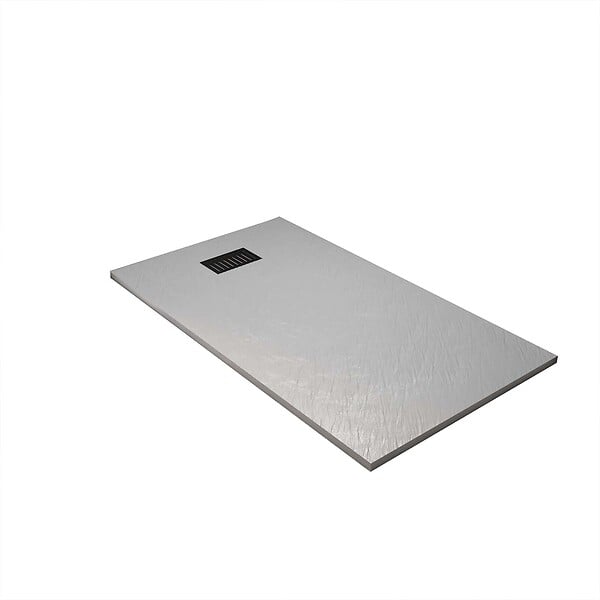AURLANE - Receveur de douche Gris Effet Pierre 90x140 cm et Grille décor Linéaire Noire Mate - large
