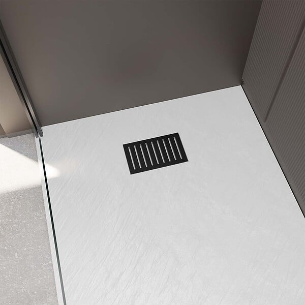 AURLANE - Receveur de douche Blanc Effet Pierre 90x140 cm et Grille décor Linéaire Noire Mate - large