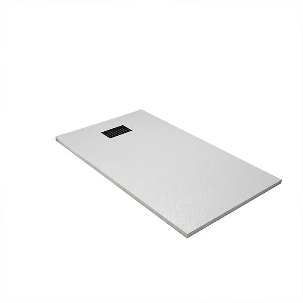 AURLANE - Receveur de douche Blanc Effet Pierre 90x140 cm et Grille décor Linéaire Noire Mate - large