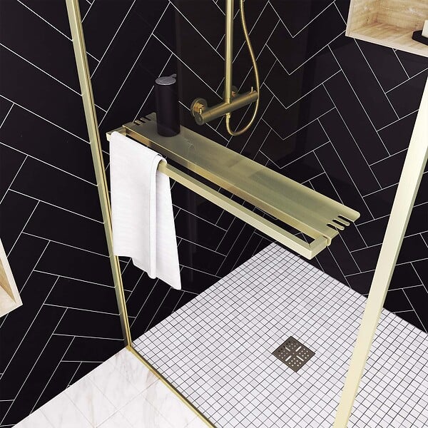 AURLANE - Paroi de Douche Or Doré Brossé 100x200cm - Porte-Serviette et Etagère - large