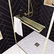 AURLANE - Paroi de Douche Or Doré Brossé 100x200cm - Porte-Serviette et Etagère - vignette