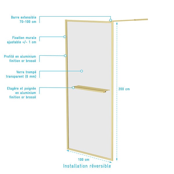 AURLANE - Paroi de Douche Or Doré Brossé 100x200cm - Porte-Serviette et Etagère - large