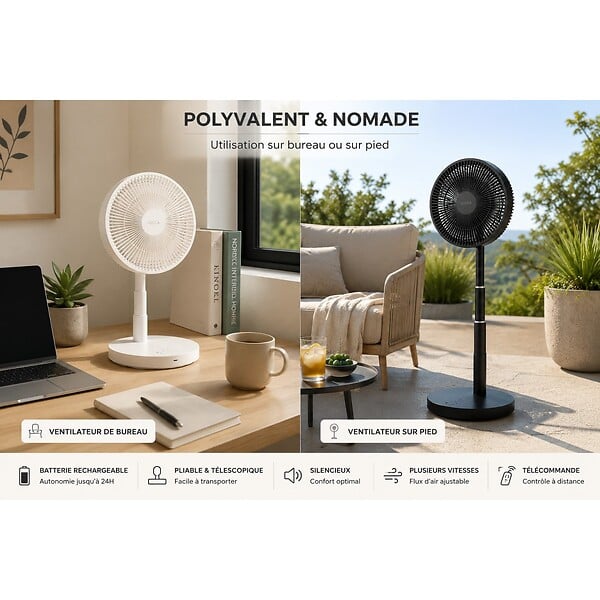 JOCCA - Ventilateur à Batterie Sans fil Silencieux USB NOIR  Pied Pliable & Télescopique Télécommande Autonomie 24h Jocca - large