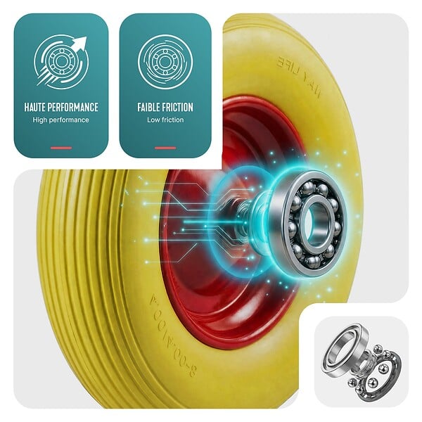 VOUNOT - Roue increvable 4.80/4.00-8 en PU pour brouette diable alesage 20mm 392x92 mm Jaune - large