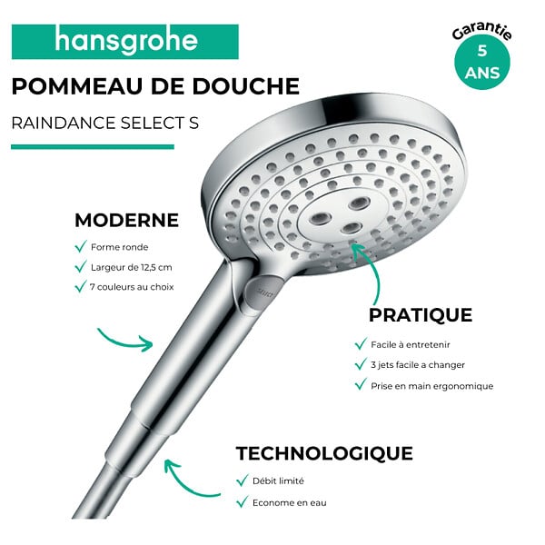 HANSGROHE - Pommeau de douche HANSGROHE Raindance Select S EcoSmart 120 3 jets chromé + flexible de douche 2 m HANSGROHE Isiflex chromé - large