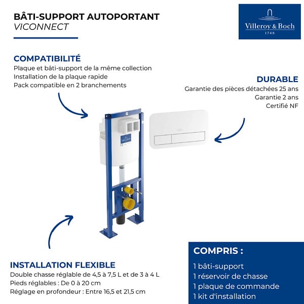 VILLEROY ET BOCH - Bâti-support autoportant WC  Viconnect avec plaque blanche - large