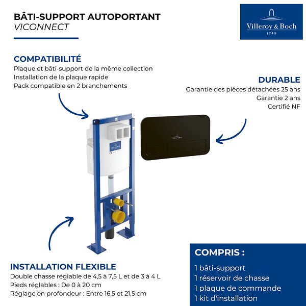 VILLEROY ET BOCH - Bâti-support autoportant WC  Viconnect avec plaque noir - large