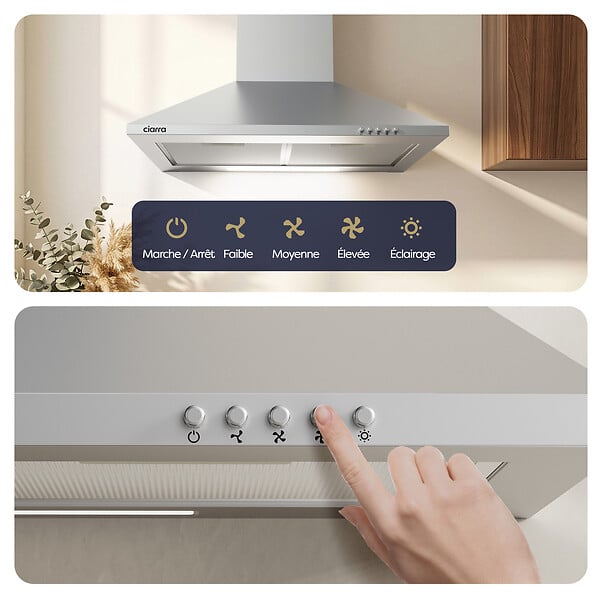 CIARRA - Hotte Aspirante murale 60cm 404m³/h 3 Vitesses 201SS60 - large