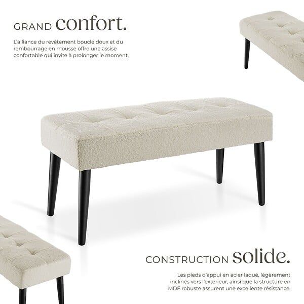 TECTAKE - banc rembourré motif matelassé scandinave en bouclé crème pieds acier 95x38x45cm confortable et élégant - large