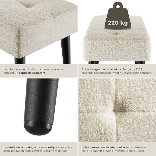TECTAKE - banc rembourré motif matelassé scandinave en bouclé crème pieds acier 95x38x45cm confortable et élégant - large