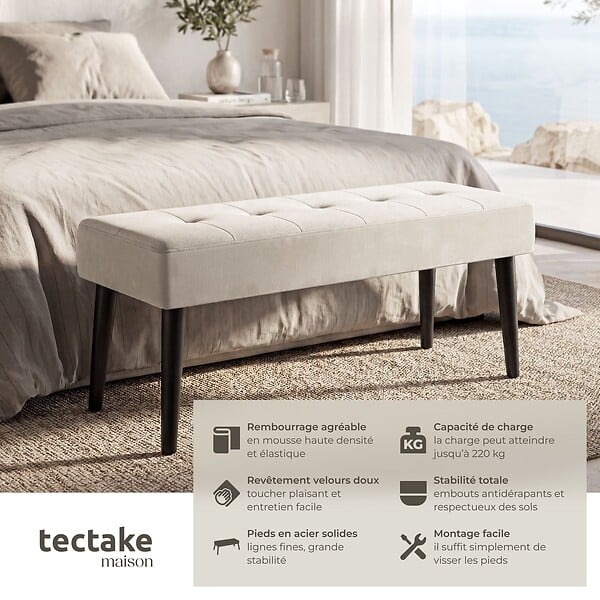 TECTAKE - banc rembourré motif matelassé en velours taupe pieds acier stable 95x38x45 cm - large