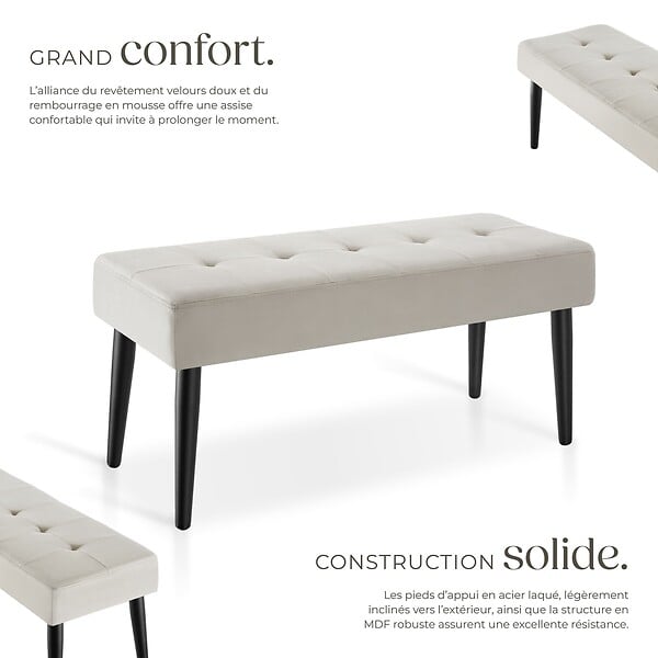 TECTAKE - banc rembourré motif matelassé en velours taupe pieds acier stable 95x38x45 cm - large