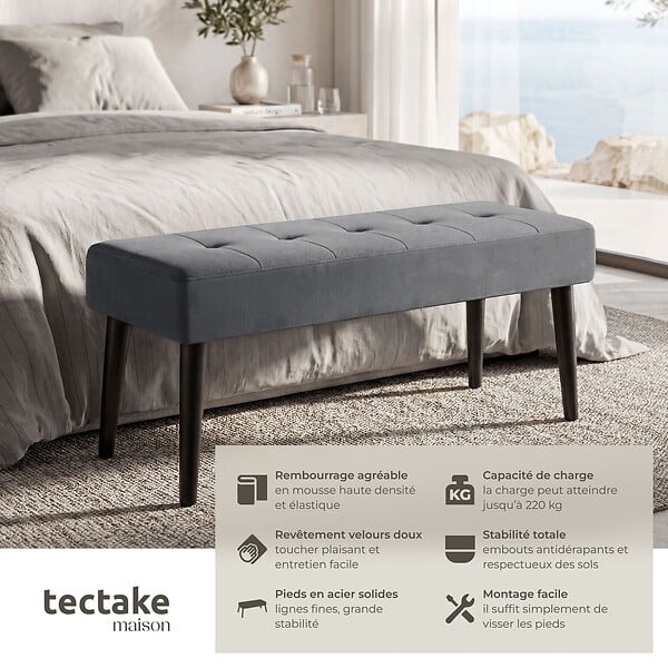 TECTAKE - banc rembourré en velours gris motif matelassé 95x38x45 cm charge 220 kg robustesse confort assise - large