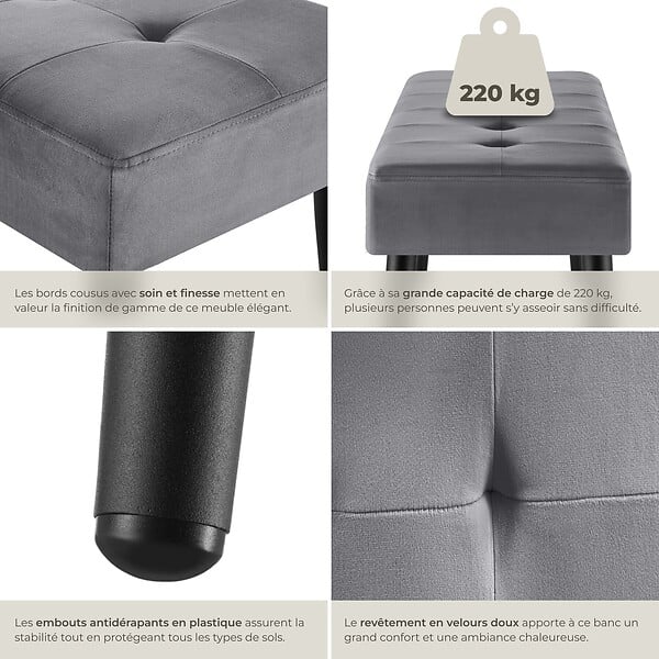 TECTAKE - banc rembourré en velours gris motif matelassé 95x38x45 cm charge 220 kg robustesse confort assise - large