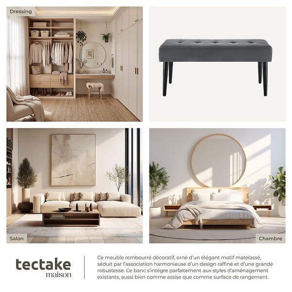 TECTAKE - banc rembourré en velours gris motif matelassé 95x38x45 cm charge 220 kg robustesse confort assise - large